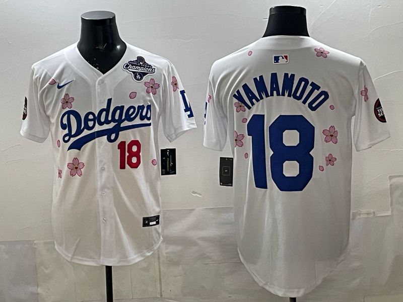 Men 2025 Los Angeles Dodgers #18 Yamamoto White Sakura Edition Nike MLB Jersey style 008->los angeles dodgers->MLB Jersey